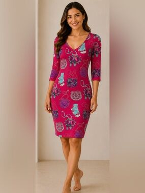Manuel Canovas France Womens Pink Purse Print Bodycon Dress Stretch Sz S 4/6